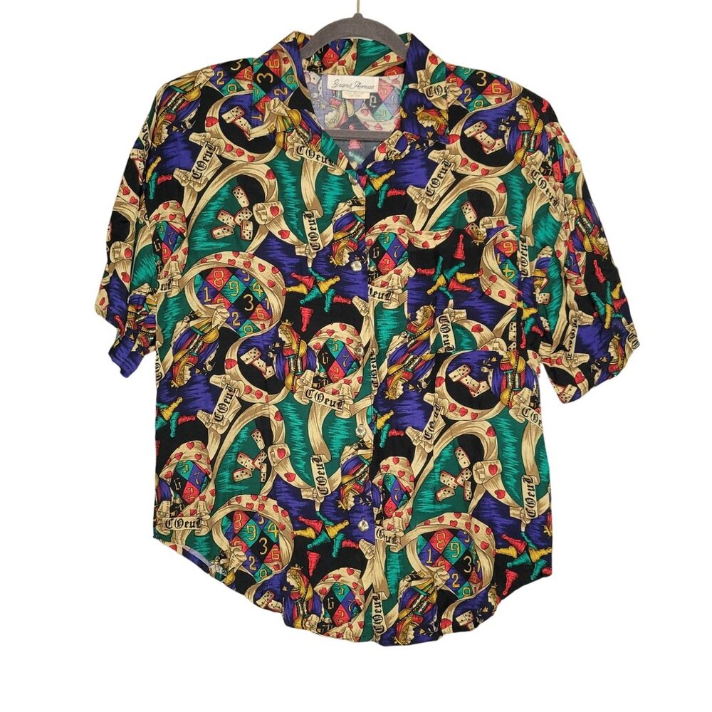 Vintage Satin Maximalist Casino‎ Gambling Print Button Up Shirt Made in USA